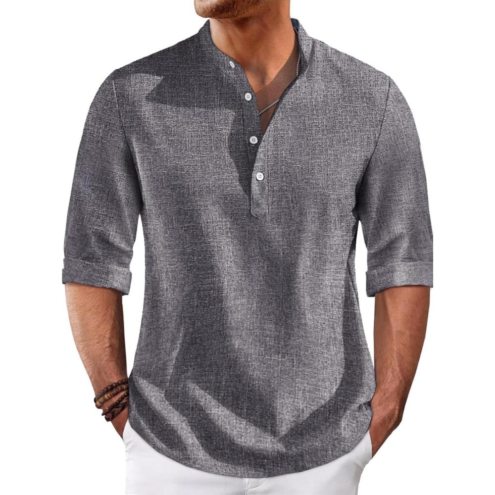 imageRuncati Mens Linen Henley Shirts Casual Lightweight 34 Sleeve TShirt Summer Beach Yoga Hippie TopsDark Grey