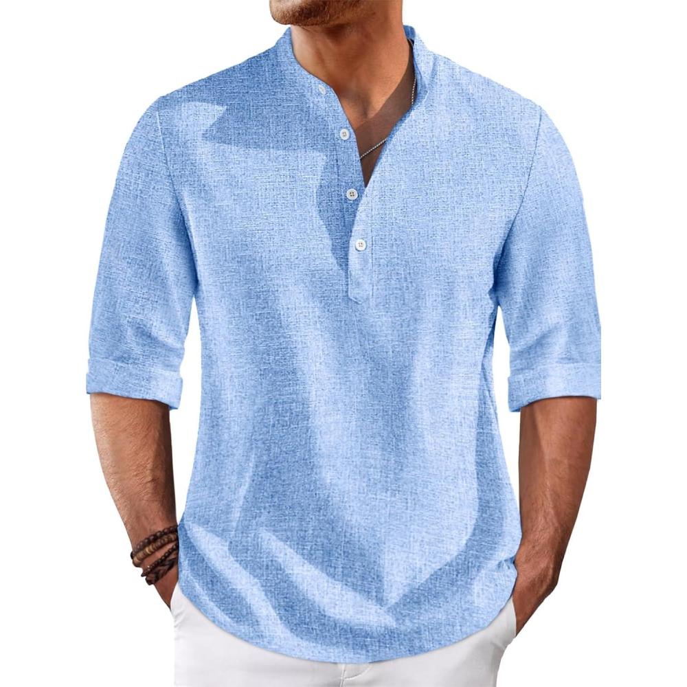 imageRuncati Mens Linen Henley Shirts Casual Lightweight 34 Sleeve TShirt Summer Beach Yoga Hippie TopsLight Blue