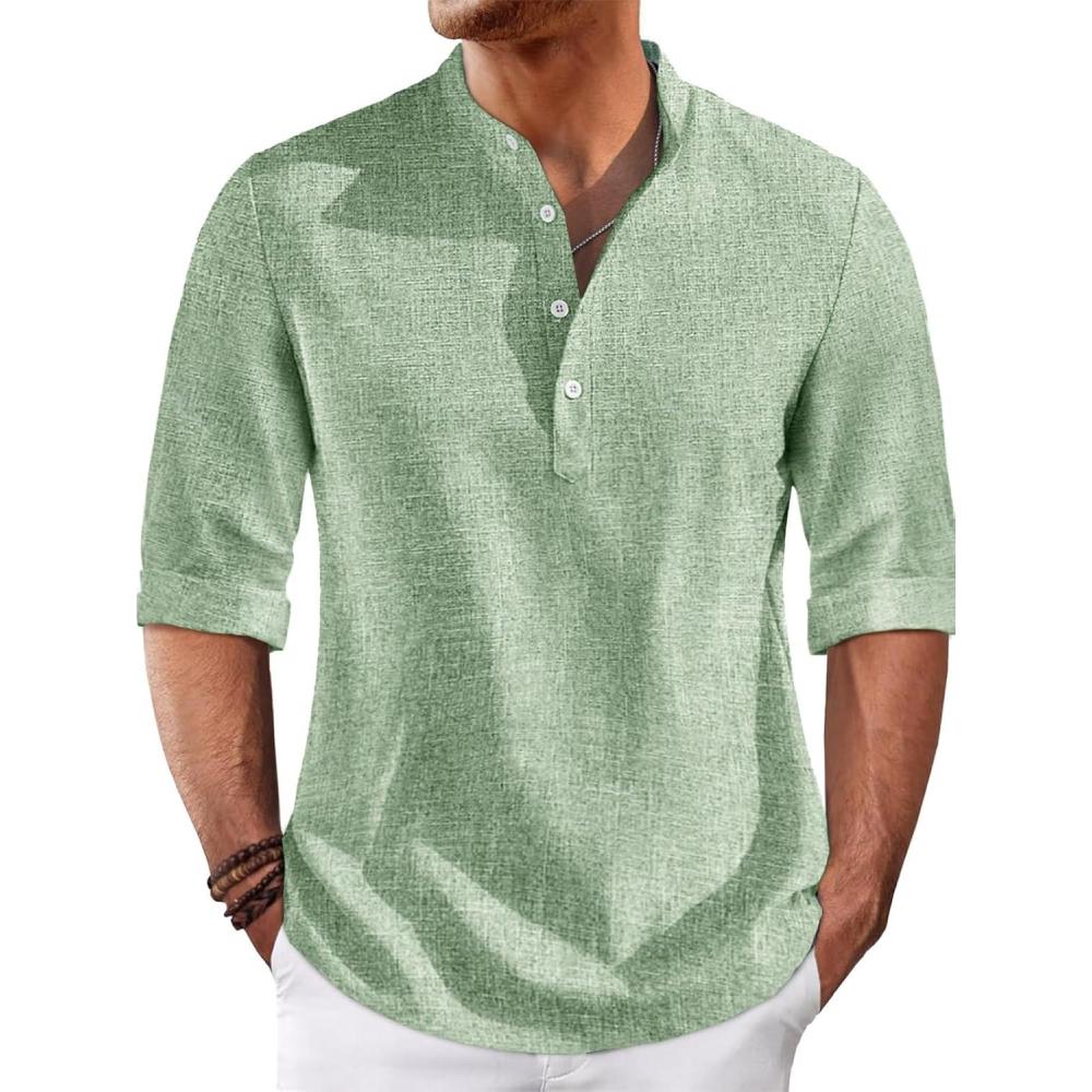 imageRuncati Mens Linen Henley Shirts Casual Lightweight 34 Sleeve TShirt Summer Beach Yoga Hippie TopsOlive Green