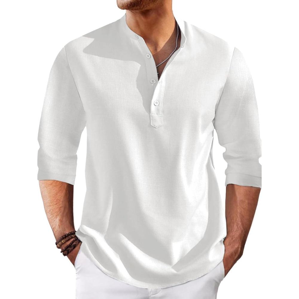 imageRuncati Mens Linen Henley Shirts Casual Lightweight 34 Sleeve TShirt Summer Beach Yoga Hippie TopsWhite