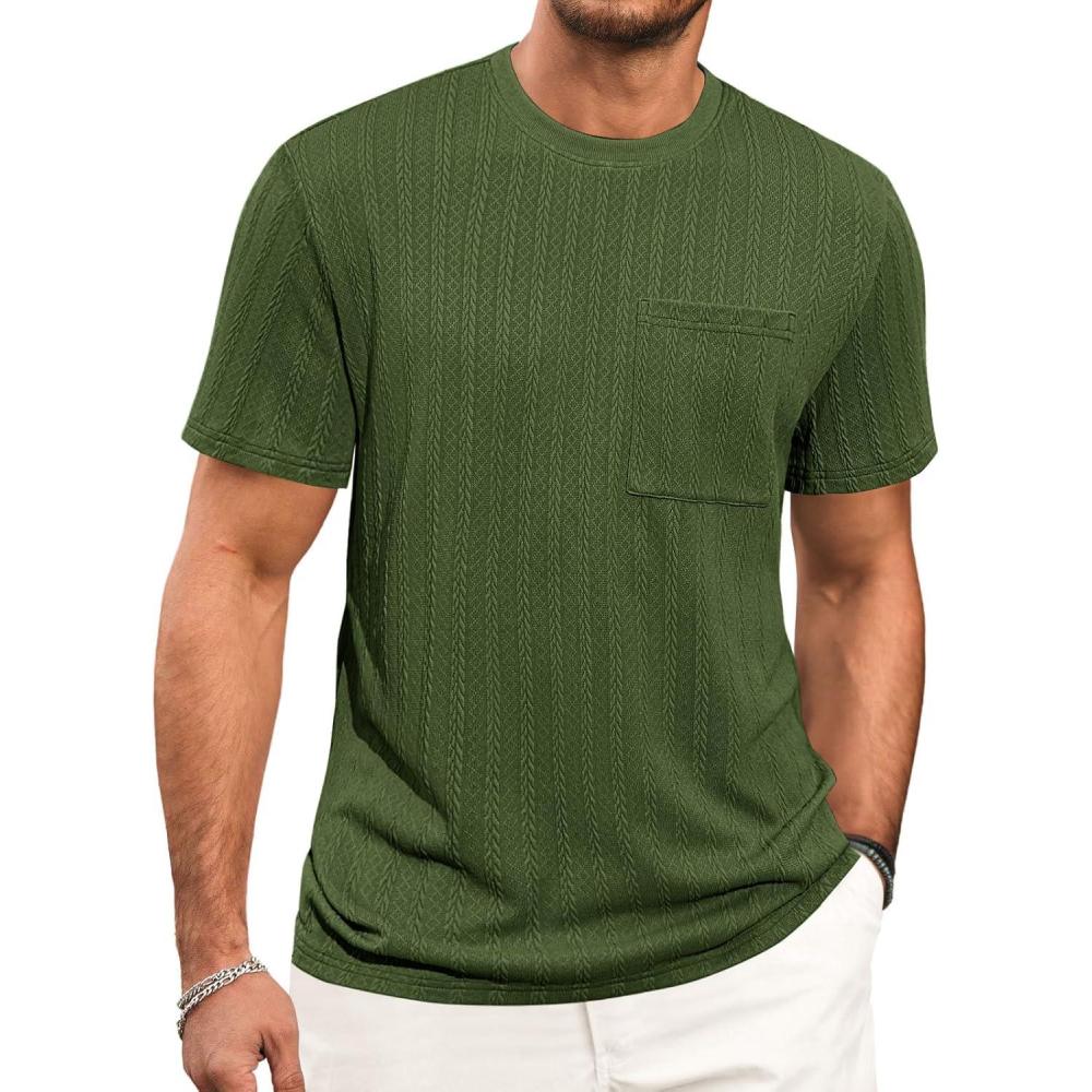 imageRuncati Mens Short Sleeve TShirts Casual Knit Texture Crewneck Pocket Tee Tops Loose Fit Summer ShirtArmy Green