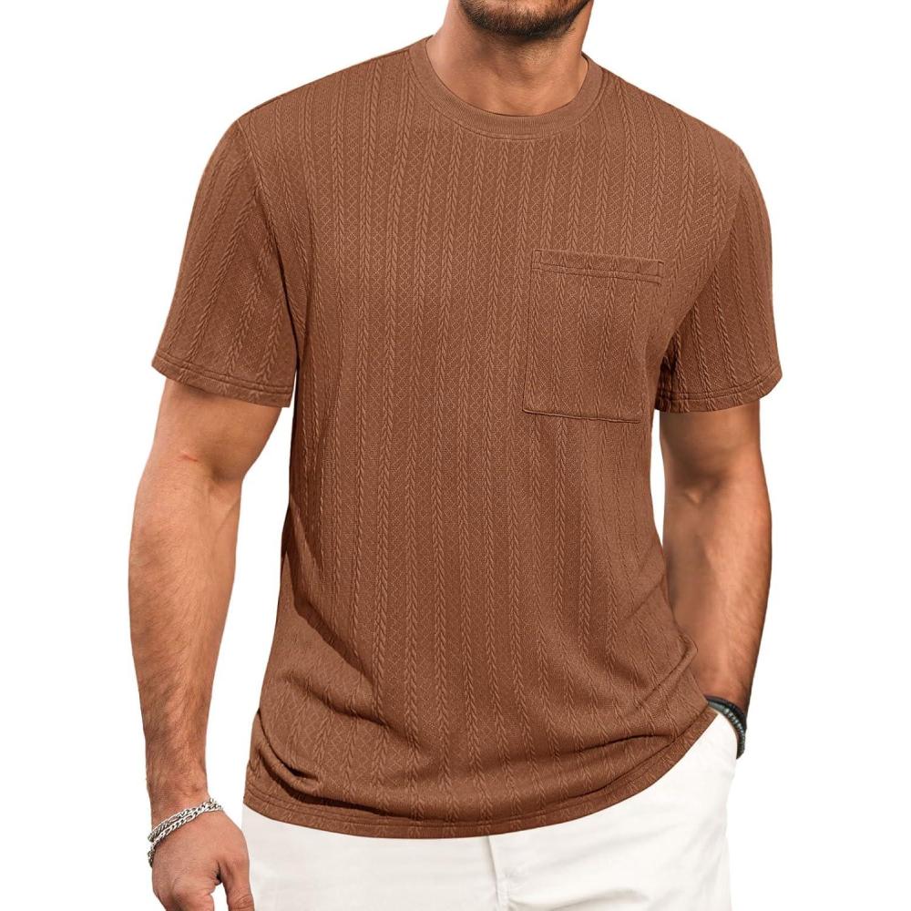 imageRuncati Mens Short Sleeve TShirts Casual Knit Texture Crewneck Pocket Tee Tops Loose Fit Summer ShirtCoffee