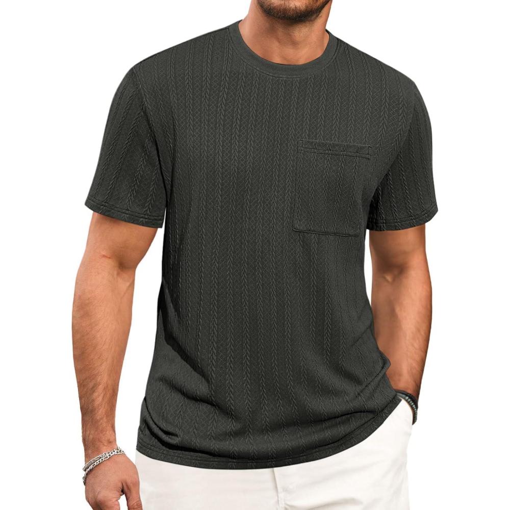 imageRuncati Mens Short Sleeve TShirts Casual Knit Texture Crewneck Pocket Tee Tops Loose Fit Summer ShirtDark Grey