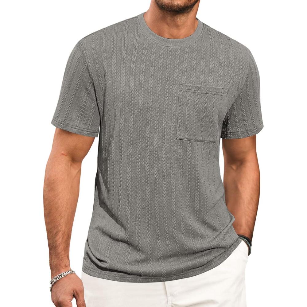 imageRuncati Mens Short Sleeve TShirts Casual Knit Texture Crewneck Pocket Tee Tops Loose Fit Summer ShirtGrey