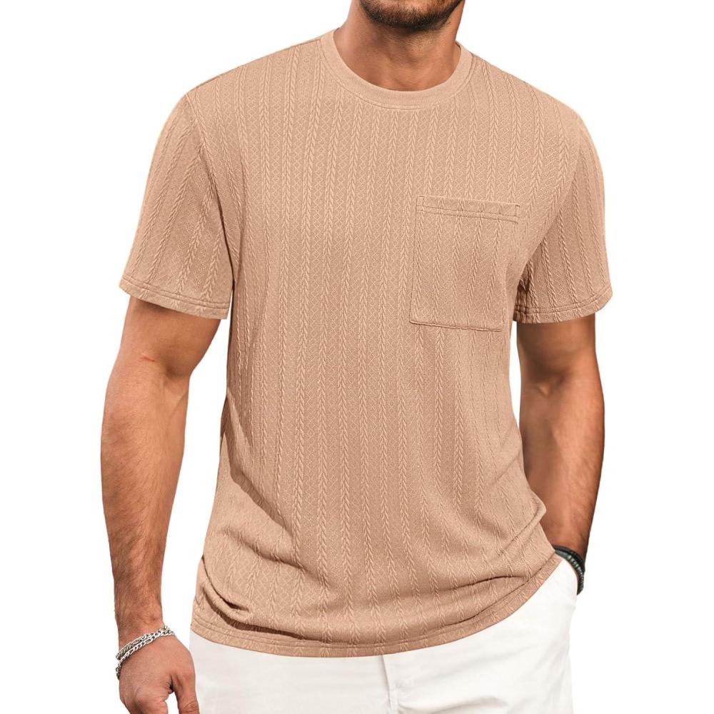 imageRuncati Mens Short Sleeve TShirts Casual Knit Texture Crewneck Pocket Tee Tops Loose Fit Summer ShirtLight Brown