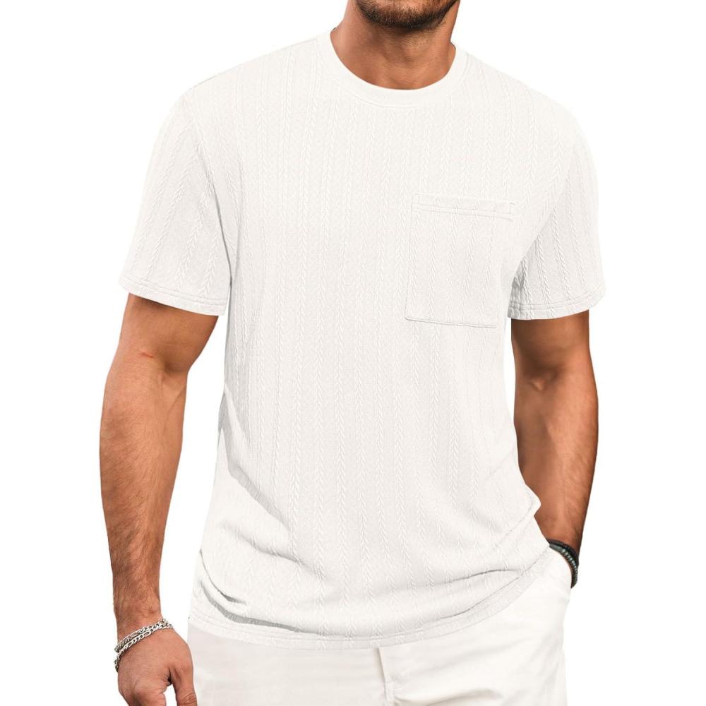 imageRuncati Mens Short Sleeve TShirts Casual Knit Texture Crewneck Pocket Tee Tops Loose Fit Summer ShirtWhite