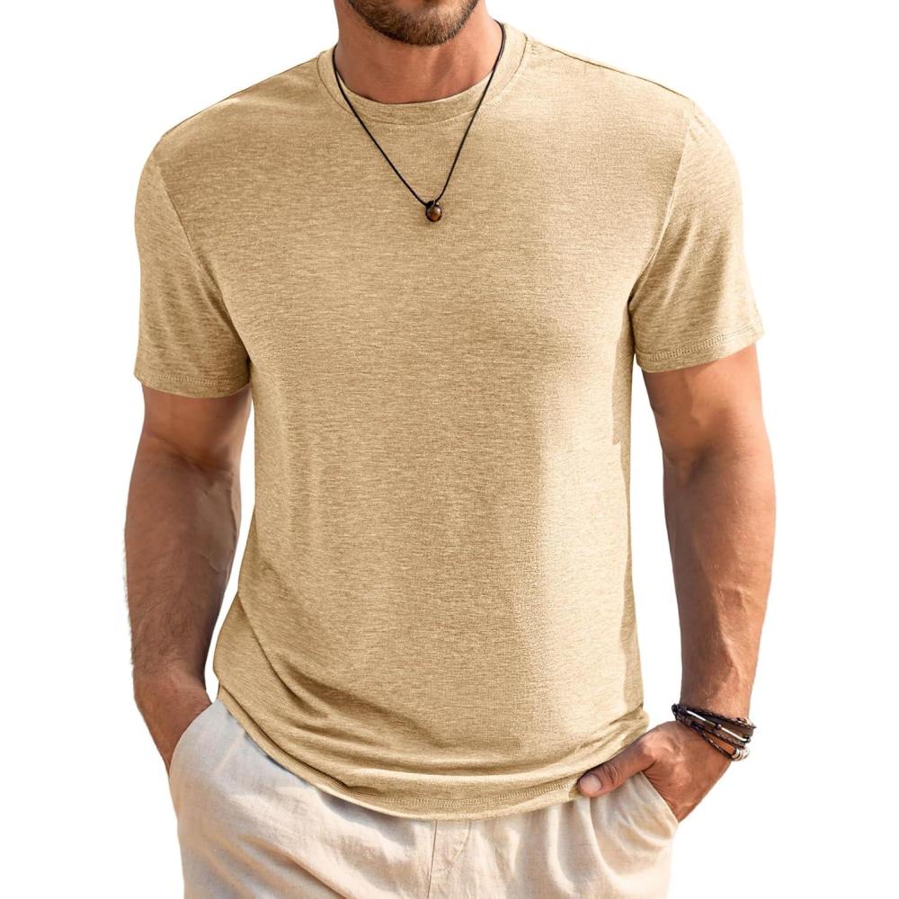 imageRuncati Mens Short Sleeve TShirts Classic Crew Neck Casual Shirt Summer Basic Lightweight Fashion Moisture Wicking TeesLight Khaki