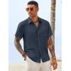 Runcati Mens Button Down Linen Shirt Short Sleeve Casual Vacation Shirts Summer Beach Wedding Tops with Pocket(Navy)