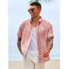 Runcati Mens Button Down Shirts Casual Short Sleeve Linen Shirt Summer Beach Wedding Tops with Pocket(Pink)