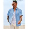 Runcati Mens Button Down Shirts Casual Short Sleeve Linen Shirt Summer Beach Wedding Tops with Pocket(Sky Blue)