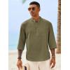Runcati Mens Casual Henley Shirts 3/4 Sleeve Band Collar Cotton Linen Shirt Summer Beach Hippie T-Shirts with Pocket(Army Green)