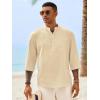 Runcati Mens Casual Henley Shirts 3/4 Sleeve Band Collar Cotton Linen Shirt Summer Beach Hippie T-Shirts with Pocket(Beige)