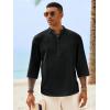 Runcati Mens Casual Henley Shirts 3/4 Sleeve Band Collar Cotton Linen Shirt Summer Beach Hippie T-Shirts with Pocket(Black)