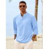 Runcati Mens Casual Henley Shirts 3/4 Sleeve Band Collar Cotton Linen Shirt Summer Beach Hippie T-Shirts with Pocket(Blue)