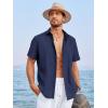 Runcati Mens Linen Cuban Guayabera Shirts Button Down Short Sleeve Shirt Cotton Hippie Summer Beach Vacation Shirts(Navy)