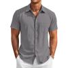 Runcati Mens Button Down Linen Shirt Short Sleeve Casual Vacation Shirts Summer Beach Wedding Tops with Pocket(Gray)