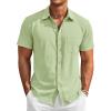 Runcati Mens Button Down Linen Shirt Short Sleeve Casual Vacation Shirts Summer Beach Wedding Tops with Pocket(Mint)