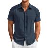 Runcati Mens Button Down Linen Shirt Short Sleeve Casual Vacation Shirts Summer Beach Wedding Tops with Pocket(Navy)