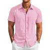 Runcati Mens Button Down Linen Shirt Short Sleeve Casual Vacation Shirts Summer Beach Wedding Tops with Pocket(Pink)