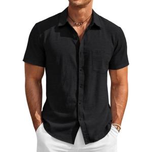 Runcati Mens Button Down Linen Shirt Short Sleeve Casual Vacation Shirts Summer Beach Wedding Tops with Pocket(Black)
