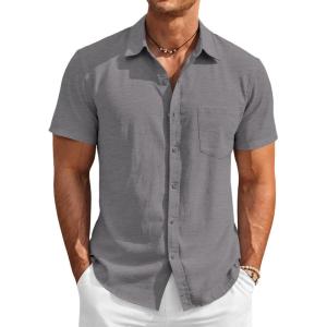Runcati Mens Button Down Linen Shirt Short Sleeve Casual Vacation Shirts Summer Beach Wedding Tops with Pocket(Gray)