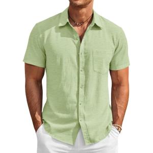 Runcati Mens Button Down Linen Shirt Short Sleeve Casual Vacation Shirts Summer Beach Wedding Tops with Pocket(Mint)