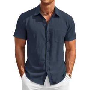 Runcati Mens Button Down Linen Shirt Short Sleeve Casual Vacation Shirts Summer Beach Wedding Tops with Pocket(Navy)