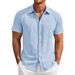 Runcati Mens Button Down Linen Shirt Short Sleeve Casual Vacation Shirts Summer Beach Wedding Tops with Pocket(Sky Blue)