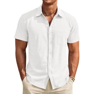 Runcati Mens Button Down Linen Shirt Short Sleeve Casual Vacation Shirts Summer Beach Wedding Tops with Pocket(White)