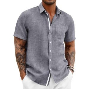 Runcati Mens Button Down Shirts Casual Short Sleeve Linen Shirt Summer Beach Wedding Tops with Pocket(Grey)