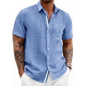 Runcati Mens Button Down Shirts Casual Short Sleeve Linen Shirt Summer Beach Wedding Tops with Pocket(Jean Blue)