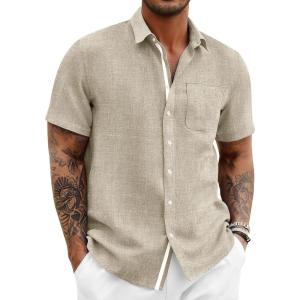 Runcati Mens Button Down Shirts Casual Short Sleeve Linen Shirt Summer Beach Wedding Tops with Pocket(Khaki)