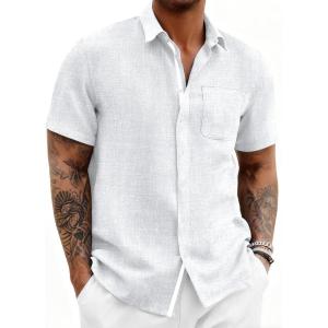 Runcati Mens Button Down Shirts Casual Short Sleeve Linen Shirt Summer Beach Wedding Tops with Pocket(White)
