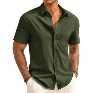 Runcati Mens Button Down Shirts Short Sleeve Casual Dress Shirt Summer Untucked Shirts with Pocket(Army Green)