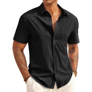 Runcati Mens Button Down Shirts Short Sleeve Casual Dress Shirt Summer Untucked Shirts with Pocket(Black)