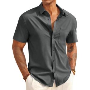 Runcati Mens Button Down Shirts Short Sleeve Casual Dress Shirt Summer Untucked Shirts with Pocket(Dark Grey)