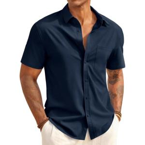Runcati Mens Button Down Shirts Short Sleeve Casual Dress Shirt Summer Untucked Shirts with Pocket(Navy)