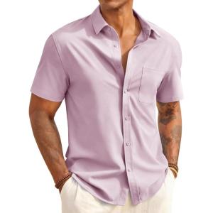 Runcati Mens Button Down Shirts Short Sleeve Casual Dress Shirt Summer Untucked Shirts with Pocket(Pink)