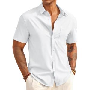 Runcati Mens Button Down Shirts Short Sleeve Casual Dress Shirt Summer Untucked Shirts with Pocket(White)