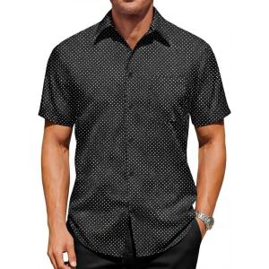 Runcati Mens Button Down Shirts Short Sleeve Wrinkle Free Dress Shirts Business Casual Polka Dot Print Shirt with Pocket(Black)