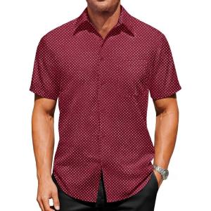 Runcati Mens Button Down Shirts Short Sleeve Wrinkle Free Dress Shirts Business Casual Polka Dot Print Shirt with Pocket(Burgundy)
