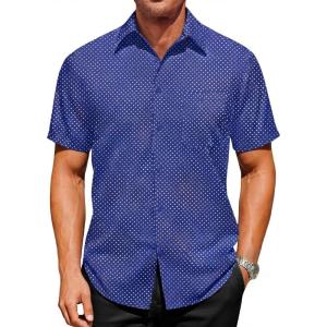 Runcati Mens Button Down Shirts Short Sleeve Wrinkle Free Dress Shirts Business Casual Polka Dot Print Shirt with Pocket(Navy)