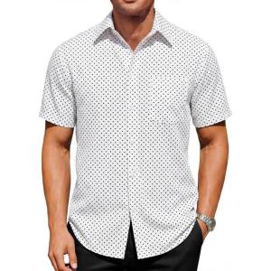 Runcati Mens Button Down Shirts Short Sleeve Wrinkle Free Dress Shirts Business Casual Polka Dot Print Shirt with Pocket(White)