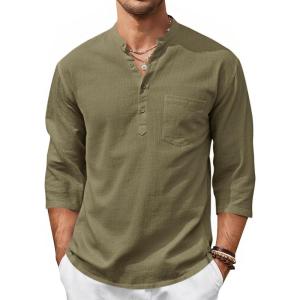 Runcati Mens Casual Henley Shirts 3/4 Sleeve Band Collar Cotton Linen Shirt Summer Beach Hippie T-Shirts with Pocket(Army Green)