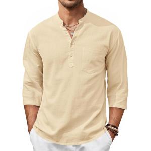 Runcati Mens Casual Henley Shirts 3/4 Sleeve Band Collar Cotton Linen Shirt Summer Beach Hippie T-Shirts with Pocket(Beige)