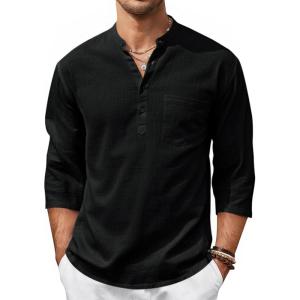 Runcati Mens Casual Henley Shirts 3/4 Sleeve Band Collar Cotton Linen Shirt Summer Beach Hippie T-Shirts with Pocket(Black)
