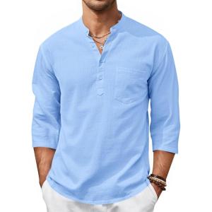 Runcati Mens Casual Henley Shirts 3/4 Sleeve Band Collar Cotton Linen Shirt Summer Beach Hippie T-Shirts with Pocket(Blue)