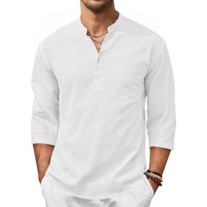 Runcati Mens Casual Henley Shirts 3/4 Sleeve Band Collar Cotton Linen Shirt Summer Beach Hippie T-Shirts with Pocket(White)