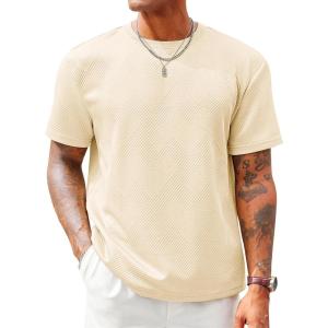 Runcati Men’s Casual T-Shirts Short Sleeve Crewneck Summer Stretchy Shirt Textured Jacquard Tops(Beige)