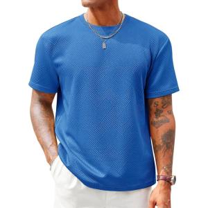 Runcati Men’s Casual T-Shirts Short Sleeve Crewneck Summer Stretchy Shirt Textured Jacquard Tops(Blue)